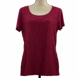 RAFAELLA Red Paisley Lace Short Sleeve Blouse L